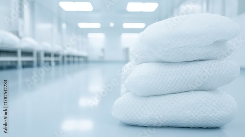 A neat stack of white disposable foot coverings in a clean, bright indoor facility
