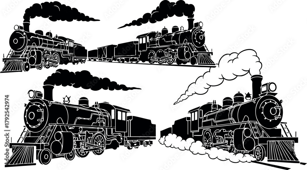 Obraz premium Vintage steam locomotives black and white vector illustration with smoke and train cars in motion