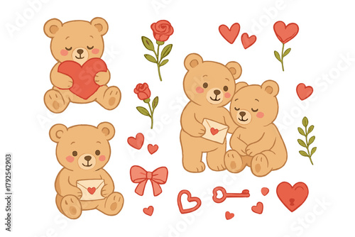 Adorable teddy bear characters and romantic design elements set for Valentine's Day celebration