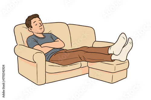 Man relaxing and sleeping on a comfortable sofa with feet up on an ottoman