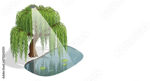 Serene willow tree casting light towards a tranquil water body illustration