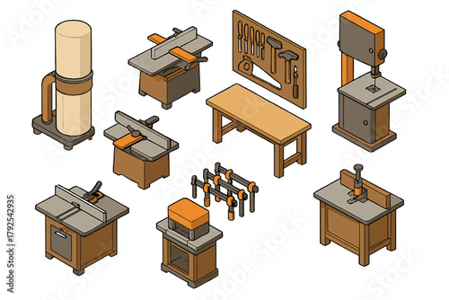 Isometric collection of essential woodworking shop equipment and machinery