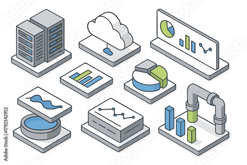 Isometric icons of digital data processing, cloud technology, server infrastructure, and analytical charts