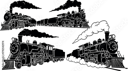 Vintage steam locomotives black and white vector illustration with smoke and train cars in motion