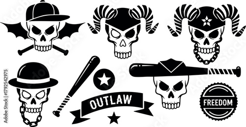 Skull Outlaw Vector Collection with Various Hats and Symbols Showing Rebellion and Freedom Themes