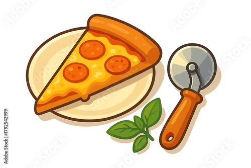 Single slice of pepperoni pizza on a plate with a pizza cutter and fresh basil