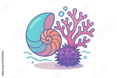 Colorful stylized nautilus shell, pink coral, and sea urchin in an underwater scene