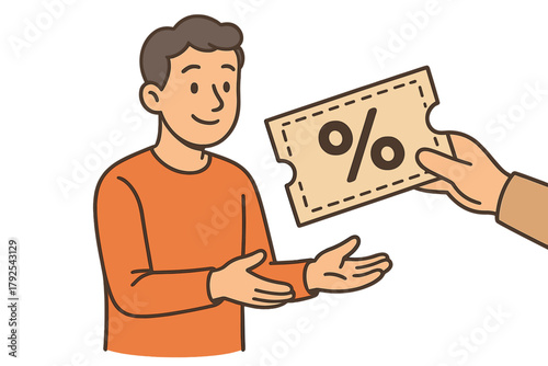 Customer receiving a discount coupon from a hand, symbolizing savings and special offers