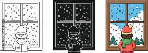 A child in winter clothes looks out window at snow falling outside, available in color, black and, and line art versions