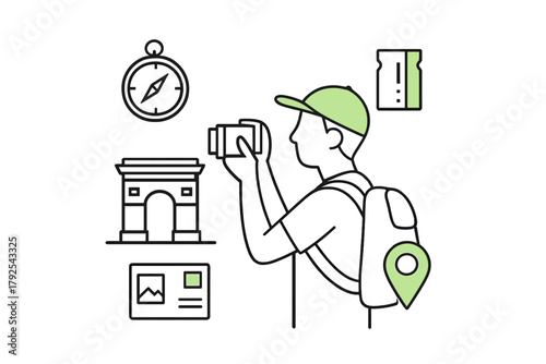 Tourist photographing famous landmark surrounded by essential travel and navigation icons