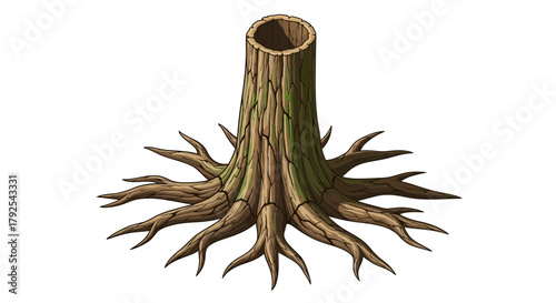 Stylized illustration of a tree stump with roots on a white background