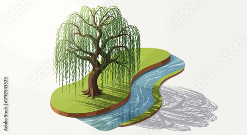 Stylized weeping willow illustration next to a tranquil water stream