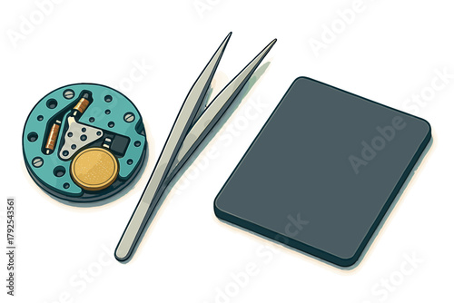 Precision tools and components for repairing a quartz watch movement and electronic circuit board