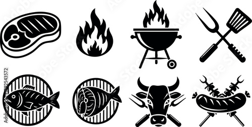Barbecue grill with meat steak fish sausage and fire cooking utensils vector icons set