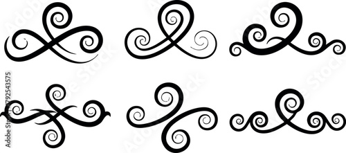 Set of decorative abstract swirl vector design elements with elegant curves and loops in black artistic style