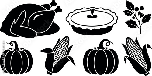 Thanksgiving dinner icons with turkey, pumpkin pie, corn, pumpkins, and autumn leaves vector set for festive seasonal design