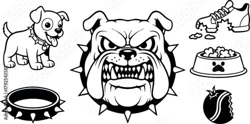 Bulldog head with spiked collar and playful puppy with dog bowl, chew shoe and ball vector set