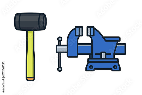 Workshop tools featuring a blue bench vise and rubber mallet on white background