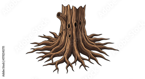 Rooted Majesty: A Majestic Tree Trunk Illustration with Sprawling Roots