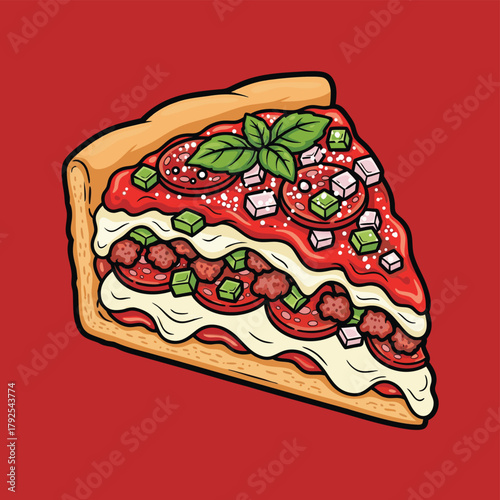 A vibrant cartoon illustration of a delicious deep-dish pizza slice topped with pepperoni, sausage, green peppers, onions, and fresh basil on a red background.