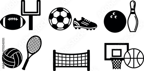 Sports equipment icons including football, soccer ball, cleats, bowling ball, pin, volleyball, tennis racket, net, and basketball hoop vector set