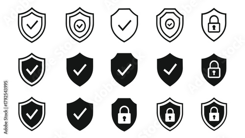 Security Shield Icons – Protection Checkmark and Lock Symbol Vector Set