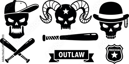 Outlaw skulls with baseball bats, ram horns, bowler hat, and freedom badge vector illustration