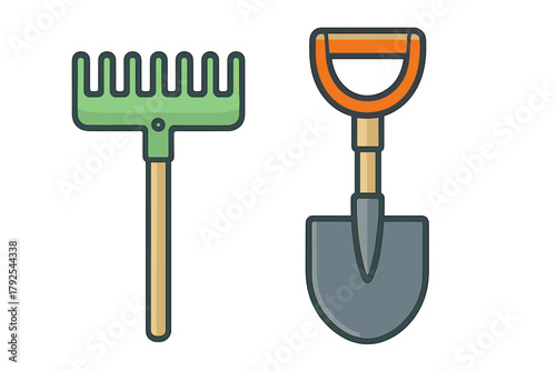Green hand rake and durable digging shovel for essential yard maintenance and planting