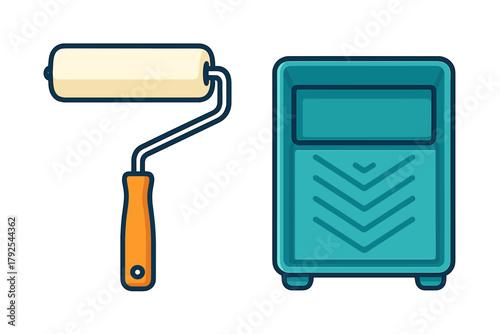 Professional painting equipment set featuring a roller brush and a plastic paint tray