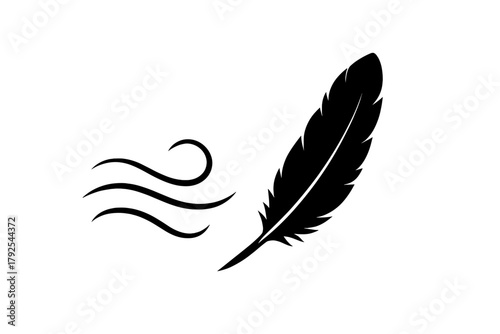 Minimalist black feather silhouette with flowing wind lines representing lightness and freedom