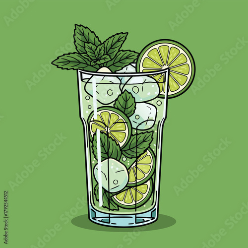 A refreshing mojito cocktail with ice, lime slices, and fresh mint leaves in a tall glass, cartoon illustration.