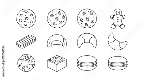Collection of hand drawn sweet baked goods and desserts silhouette