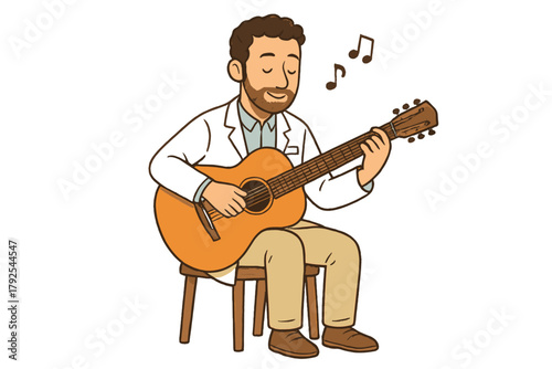 Bearded man in white coat sitting on stool and playing acoustic guitar