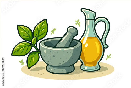 Traditional stone mortar and pestle with fresh basil leaves and a glass carafe of olive oil