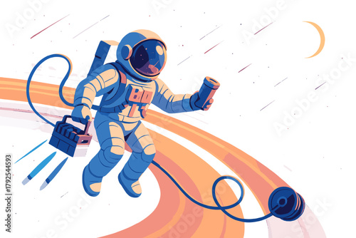 Spacewalking astronaut carrying a toolbox and tethered spool against a cosmic background