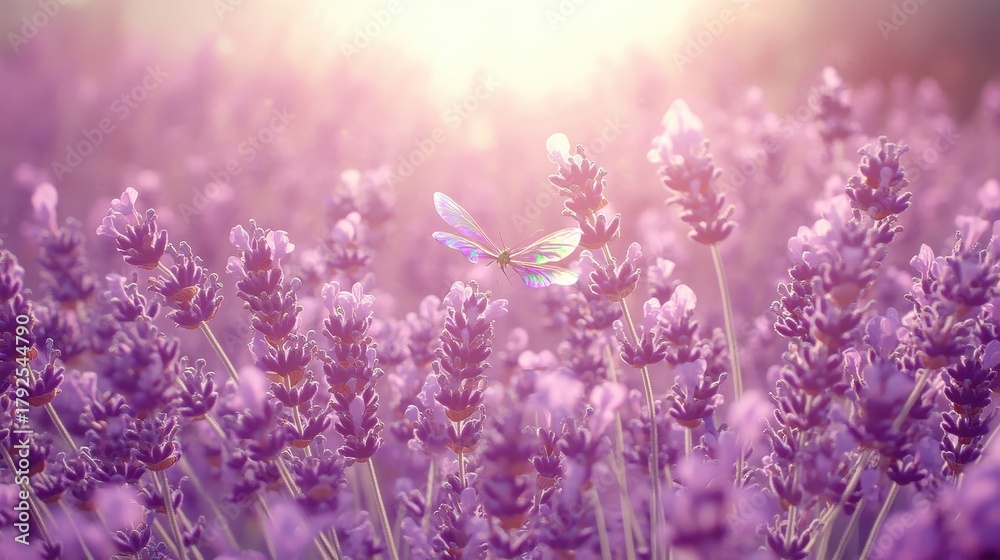 Fototapeta premium Butterfly with iridescent wings flying near lavender flowers