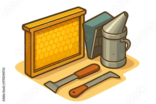 Professional apiary equipment set featuring honeycomb frame, bee smoker, and hive tools