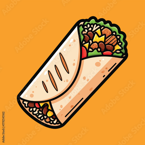 A vibrant cartoon illustration of a delicious burrito filled with various ingredients on a bright orange background.