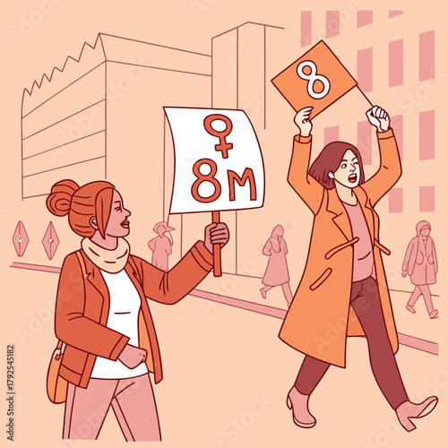 Women marching in protest for international women's day 8m