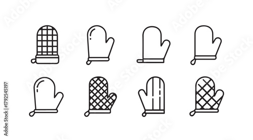 Collection of eight oven mitts in a simple line drawing silhouette style silhouette