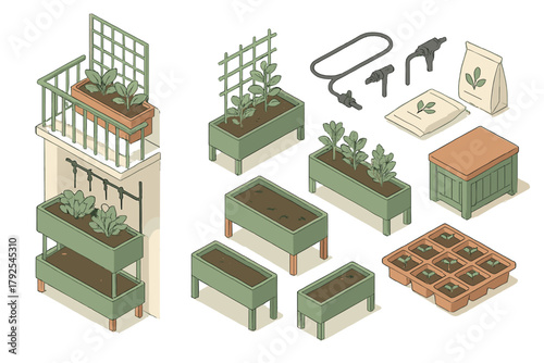 Isometric set of raised garden beds, planters, seedlings, and tools for urban farming