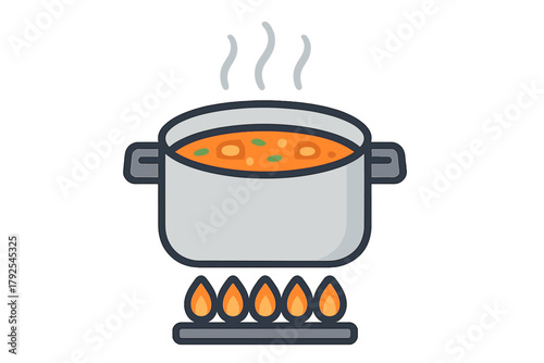Cooking pot filled with hot soup steaming over a gas burner flame on a kitchen stove