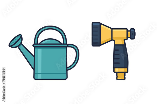 Turquoise watering can and yellow and blue hose spray nozzle for gardening