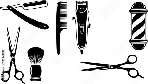 Barber tools silhouette, Barber tools, Barbershop tools, Hairdressing tools set, Barbershop equipment silhouette, Salon tools silhouette, Hairdresser tools icons set