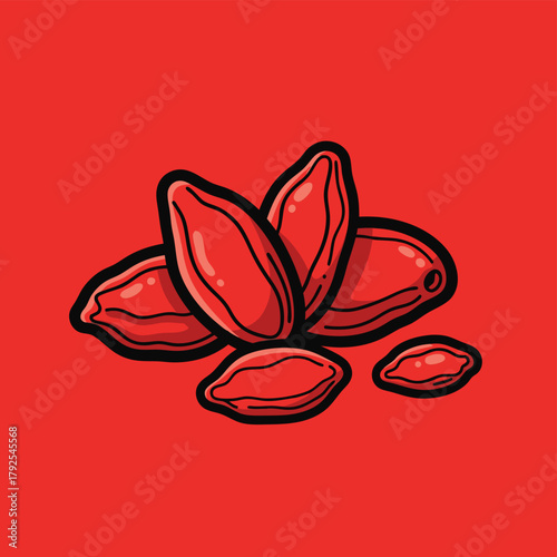 Stylized illustration of a small pile of red goji berries with black outlines on a vibrant red background.