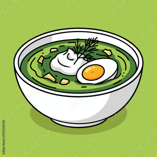 A bowl of vibrant green soup with a hard-boiled egg, sour cream, and dill, presented in a clean vector illustration style.