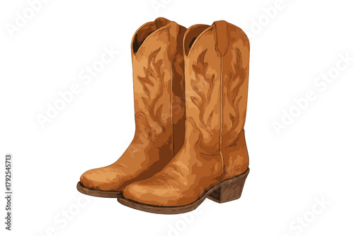 Classic brown leather cowboy boots with decorative stitching and high heels standing upright