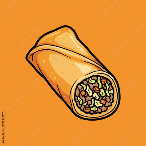 A cartoon illustration of a golden brown spring roll filled with meat and vegetables on a vibrant orange background, ready to be eaten.