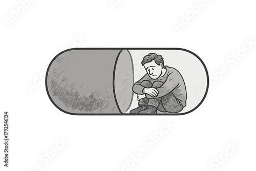 Distressed man sitting alone inside a giant pharmaceutical capsule representing mental illness