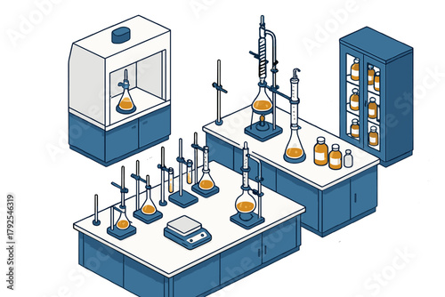 Scientific research laboratory interior featuring chemical equipment, flasks, and fume hood